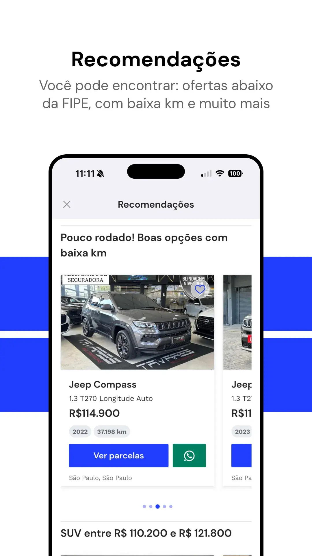 Recomendações de veículos com baixa km no app NaPista
